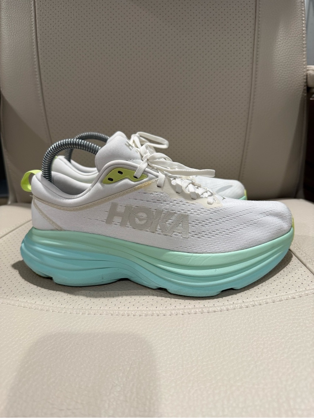 Size 7B - HOKA BONDI 8 Women's White and Mint Running Shoes
